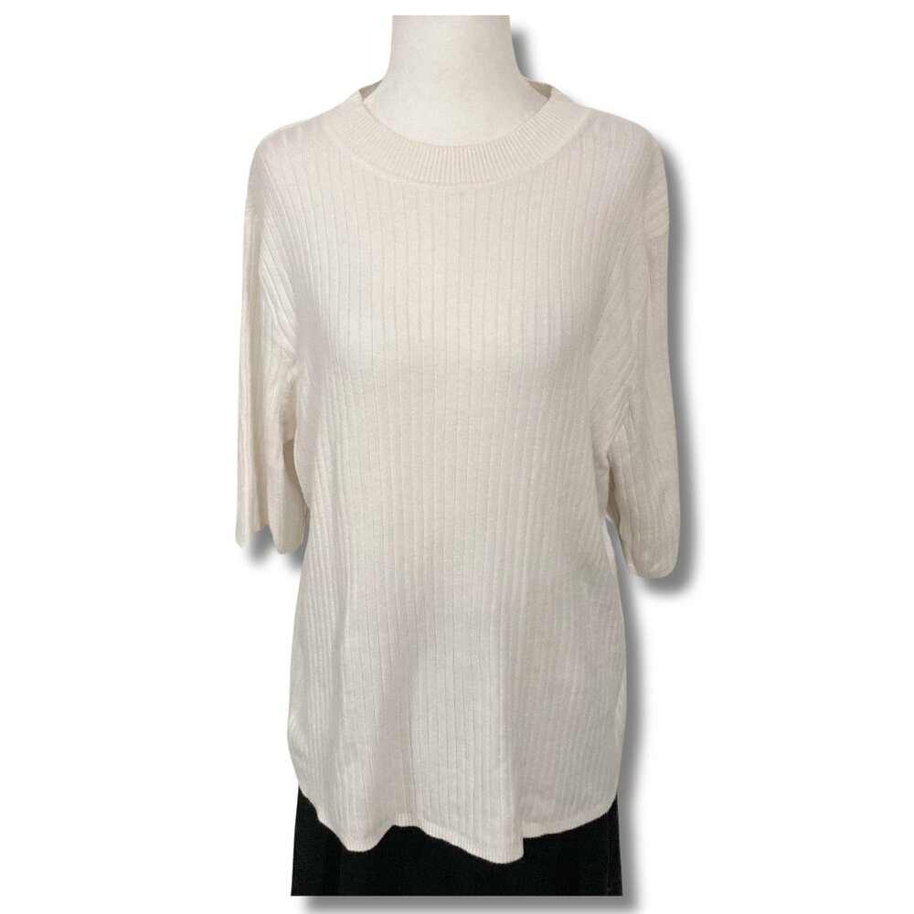 RICKI'S Plus-size cream half-sleeve ribbed sweater ~ 1X XL 2X XXL knit top shirt